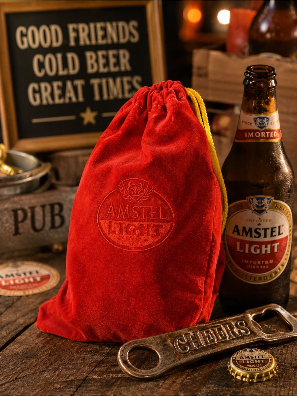 Vintage Amstel Light Beer Red Velour Velvet Drawstring Ditty Bag Collectible